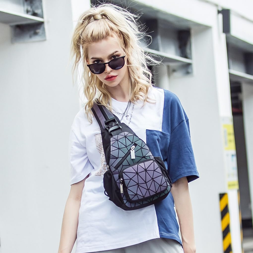 PYFK Geometric Backpack Luminous Holographic Purse Color Changes Flash Reflective Bag For Cycling Fashion Sling Bag for Women(Prism) - Image 3