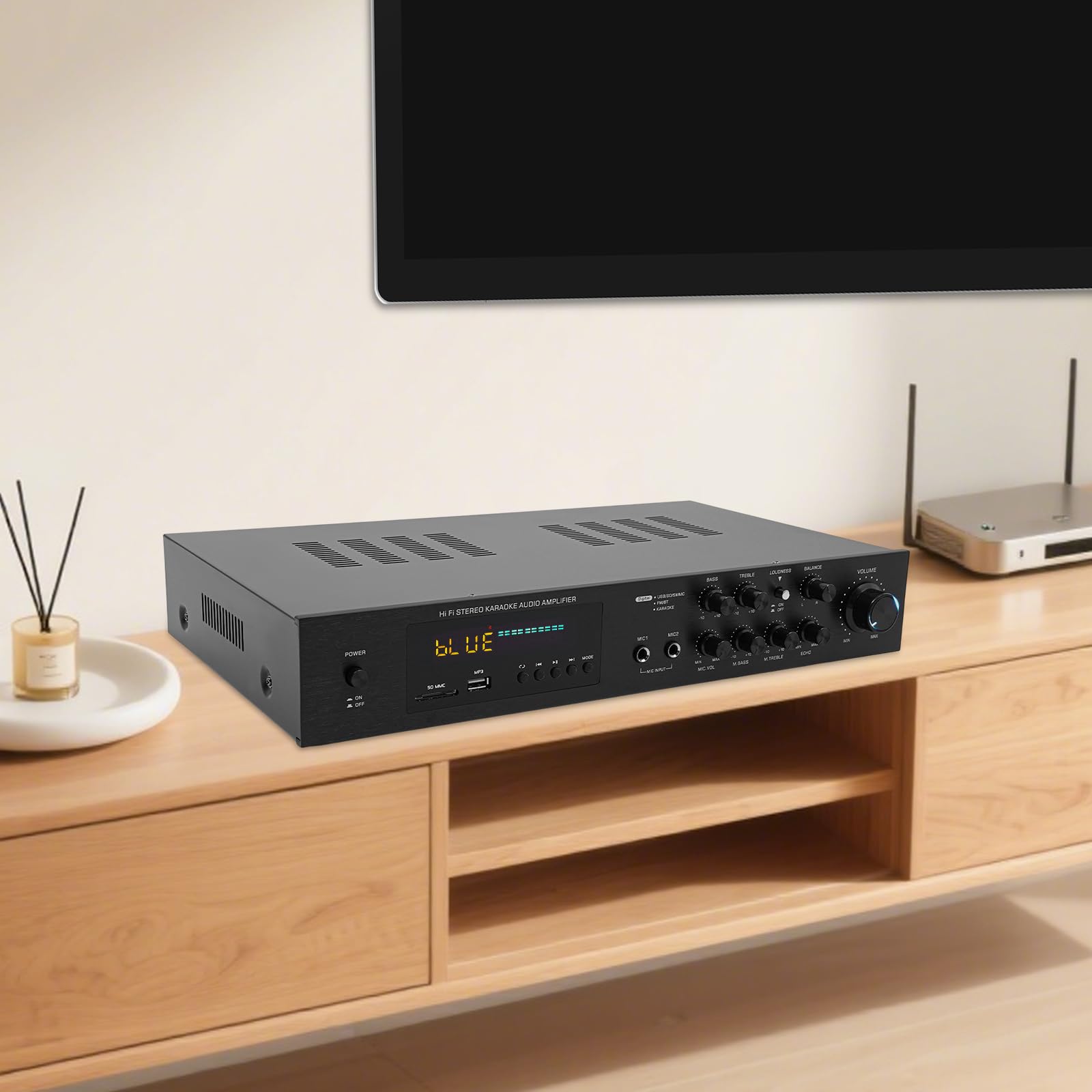 Amplificador Bluetooth de 600 W, amplificador de audio con 2 entradas de micrófono, radio SD/USB/AUX/FM, factor de distorsión armónica del 0,05%, receptor estéreo HiFi para karaoke y entretenimiento