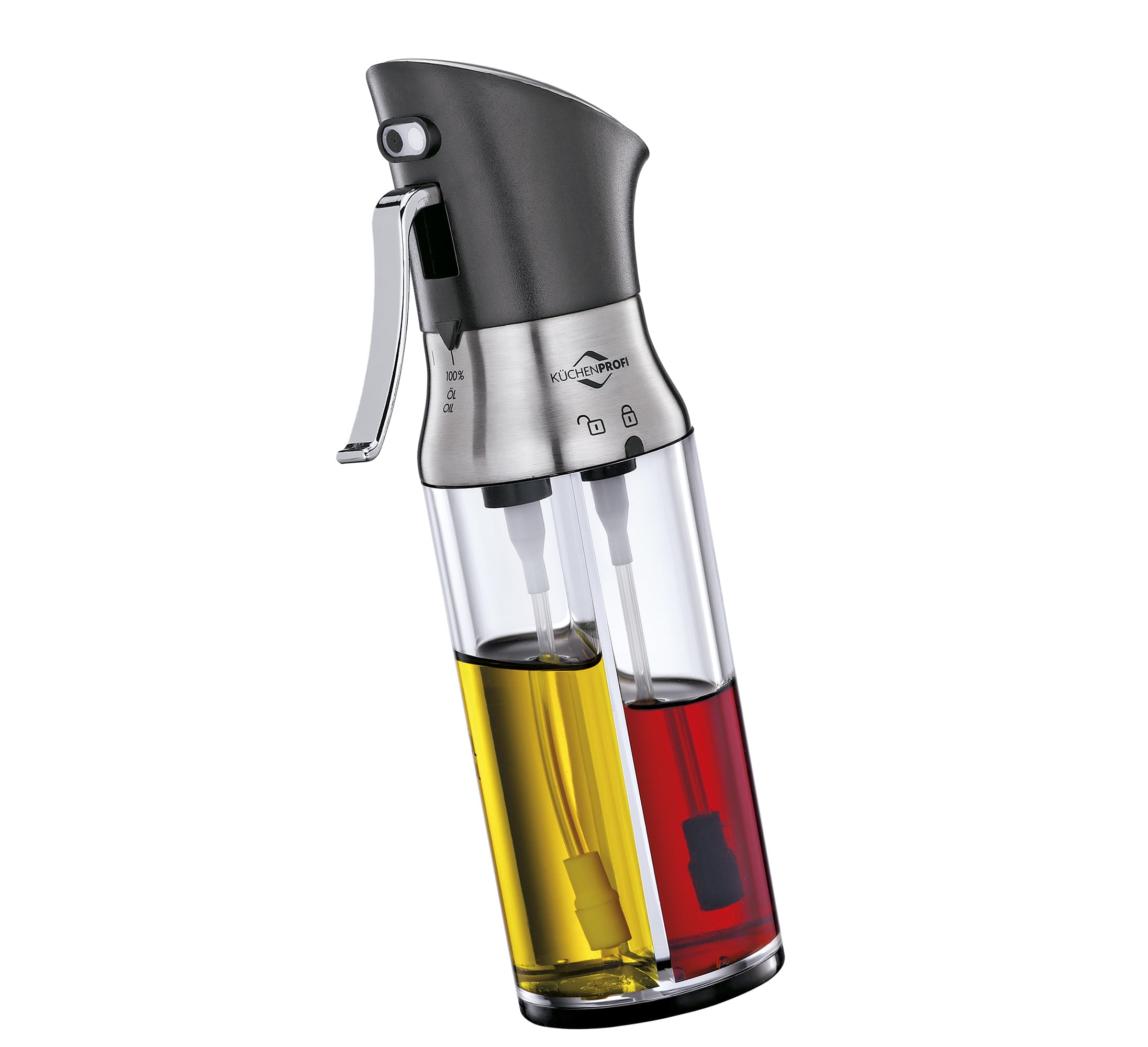 Küchenprofi 2in1 Essigsprüher/Ölspender SIENA | Olivenöl und Essig-Sprühflasche | Edelstahl/Glas | Ölspray-Flasche | Sparsames und exaktes Dosieren | Große Füllöffnung | 20,5 cm, je 95 ml