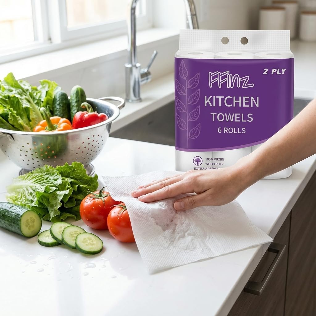 Kitchen Towels Paper – Extra Absorbent, 100% Virgin Wood Pulp, Oil Remover. 12 Roll, 1200 Sheets