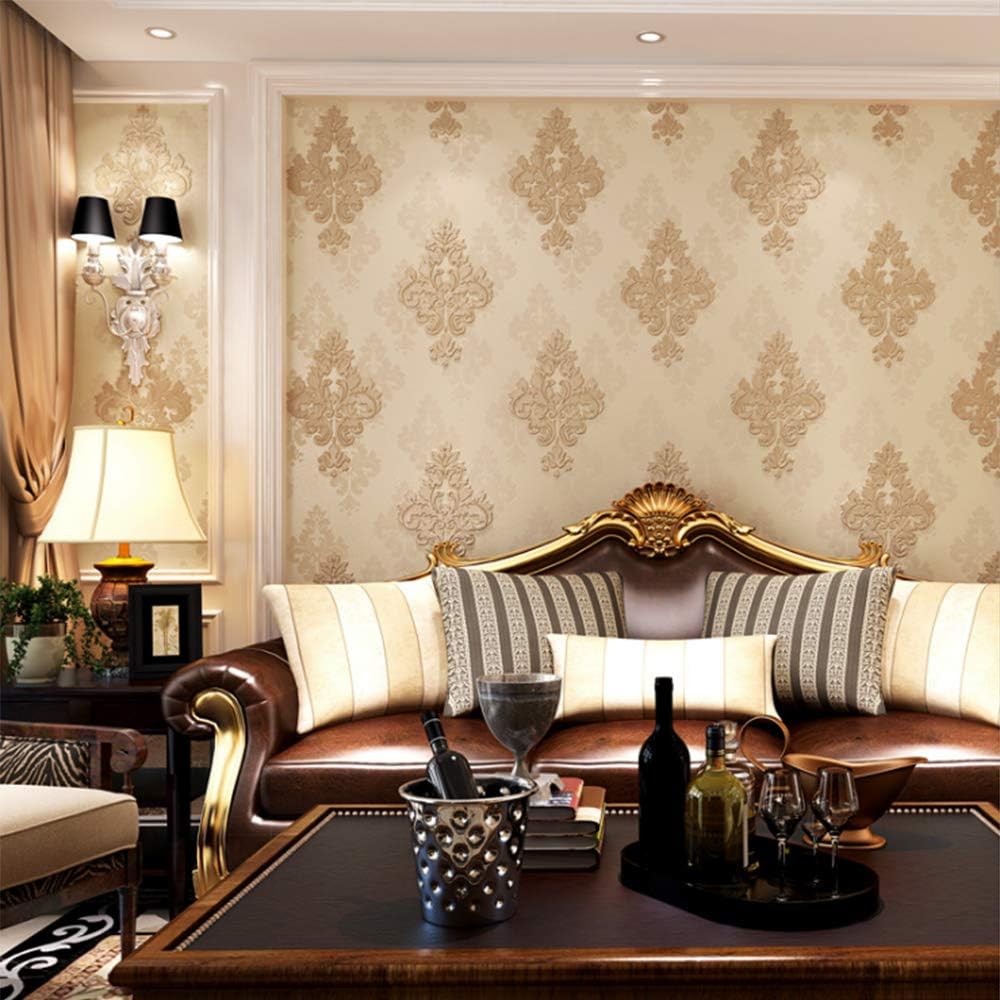 QIHANG Deep Embossed 3D Stereoscopic Damask Non-Woven Bedroom TV Backdrop Living Room Wallpaper 0.53m (1.73' W) x 10m (32.8'L) =5.3㎡ (57 sq.ft) (Brown)
