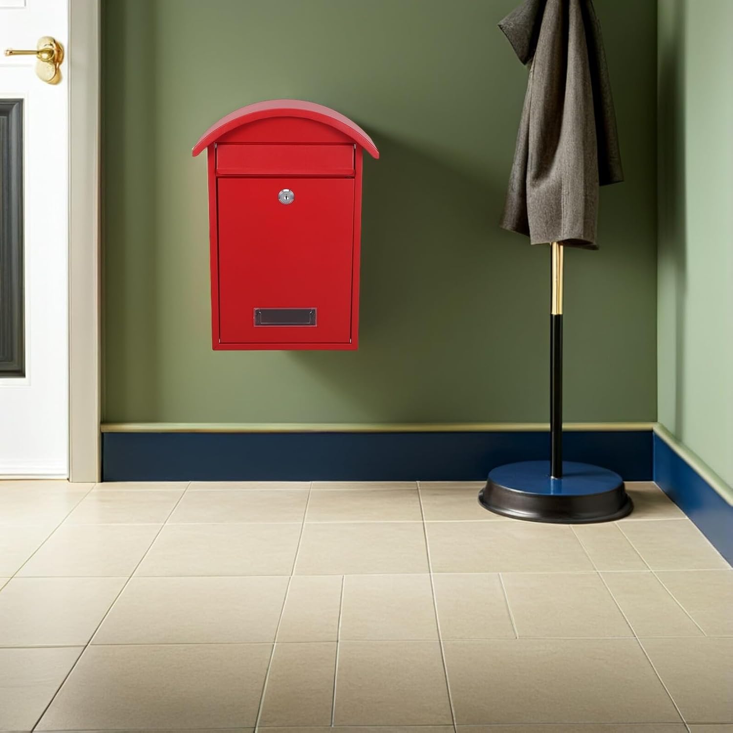 Lockable Wall Mounted Mailbox for Home and Office, Outdoor Metal Mailbox with Keyed Lock, 14" X 10" X 4" Safe Deposit Box for Letters and Packages, Red