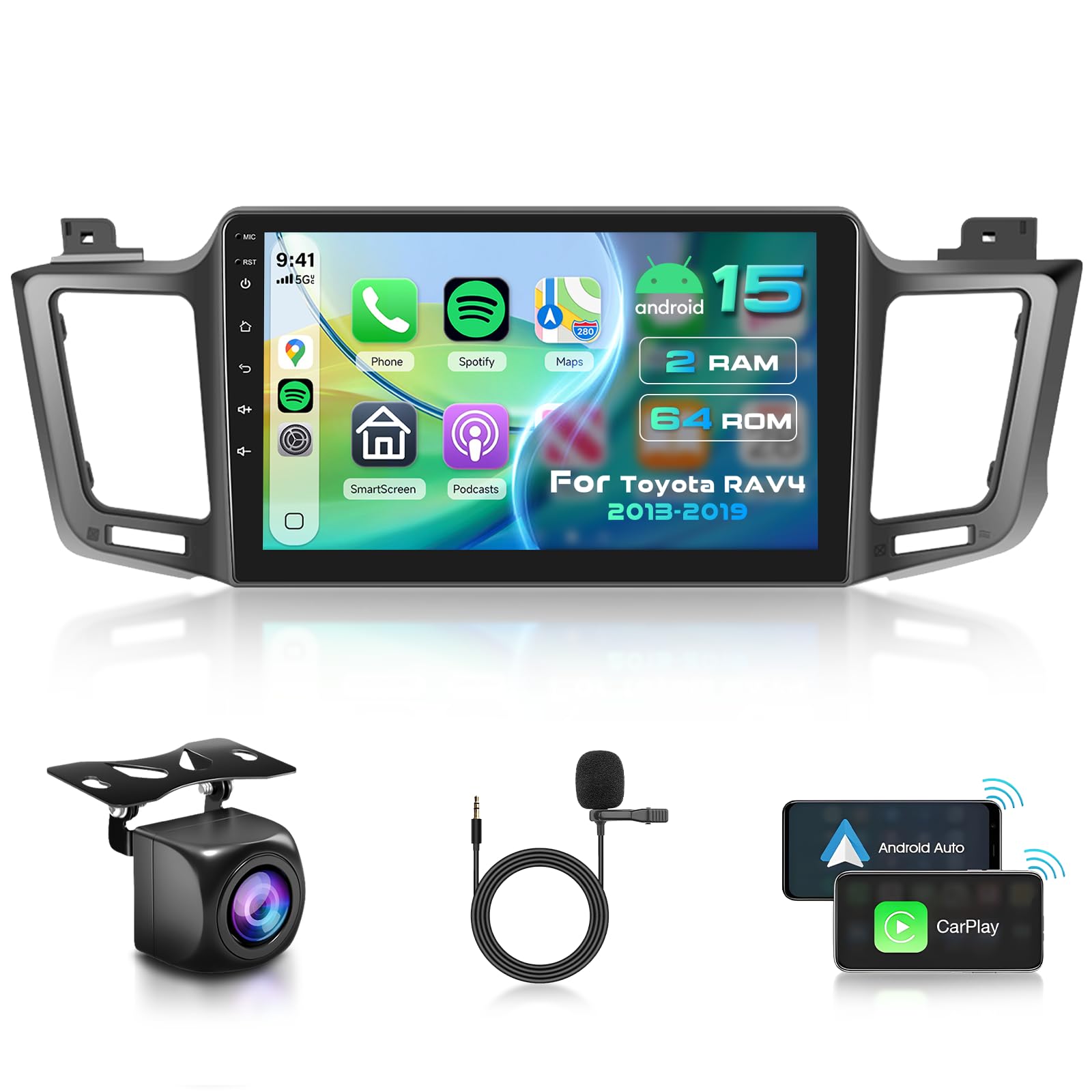 Inefala 2 + 64G Stereo dla Toyota RAV4 2013-2019 Android 13 z bezprzewodowym CarPlay Android Auto, 10-calowe radio samochodowe Soporta Bluetooth WIFI 28UI GPS FM DSP SWC AHD Kamera cofania