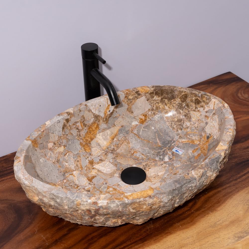 Organic Freeform Hand-Carved Marble Vessel Sink – Stone Vessel Sink with Chiseled Exterior & Natural Gold Veining – One-of-a-Kind Rustic Luxury Bathroom Sink