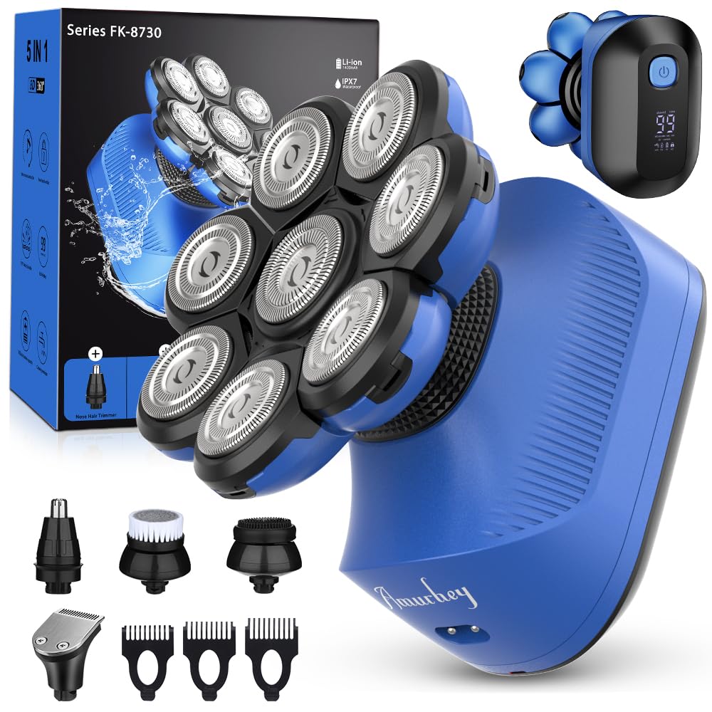 Afeitadora eléctrica para hombres para cabeza y rostro 8D, Maquina afeitar cabeza 5 en 1 de 0,0 mm con 8 cabezales flexibles, afeitadora en seco y húmedo IPX7, uso inalámbrico 180 min