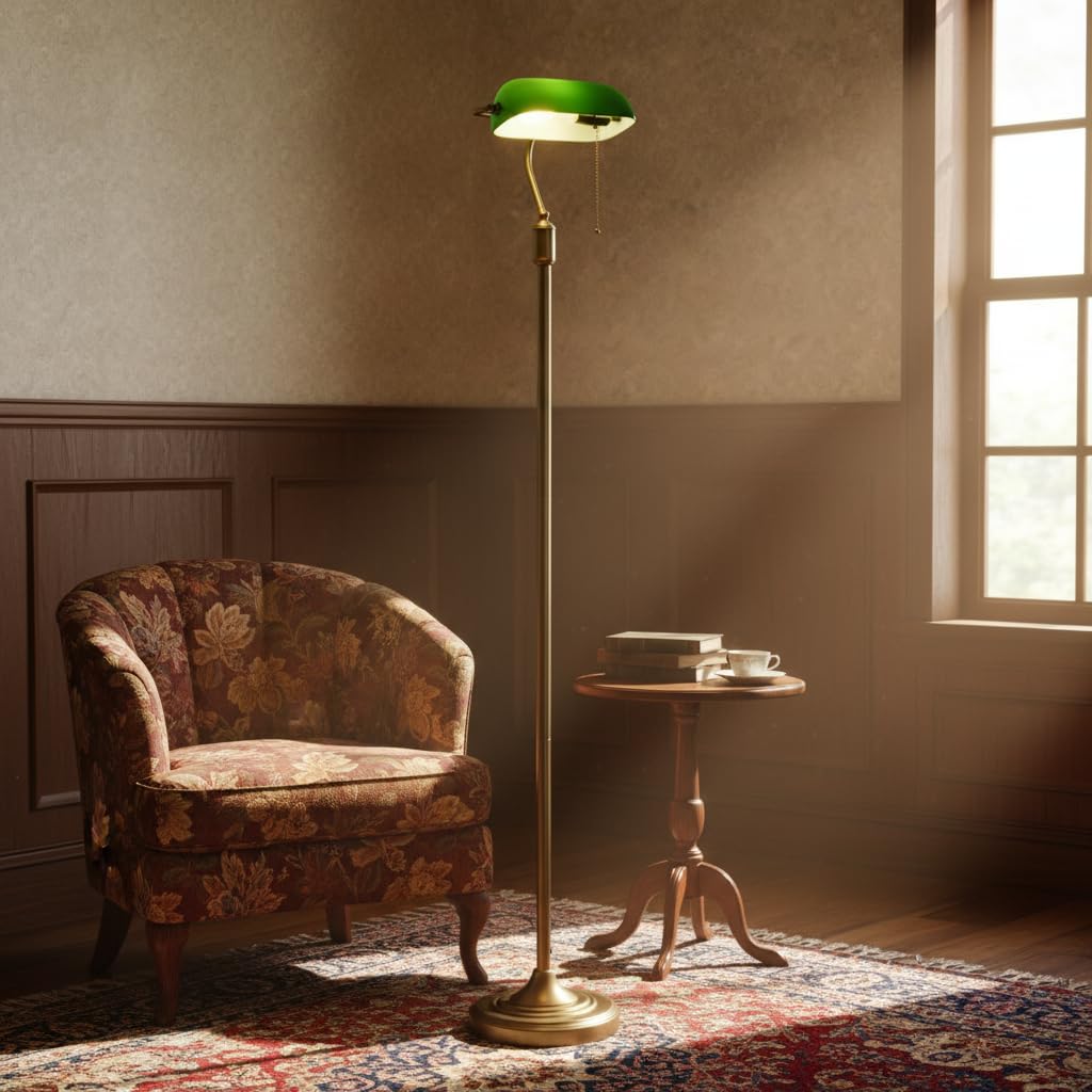 BARCELONA LED Vintage Lampa Podłogowa Bankierska – Klasyczny Zielony Szklany – Lampa Stojąca E27 z Włącznikiem Łańcuszkowym i Regulowanym– Retro Lampa do Salonu, Biura, Biblioteki i Sypialni