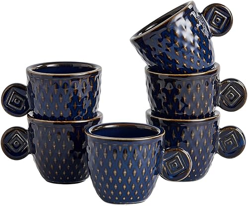 Unique - Tazas de café expreso de cerámica, tazas Demitasse de 3 onzas, juego de 6 tazas de café espresso pequeñas en relieve esmaltado vintage