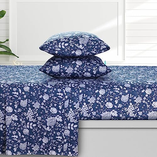 Azores 300 Thread Count Organic Cotton Deep Pocket Bed Sheet Set, Fits up to 19 Inch Mattress - King, Kate/Dark Blue - Thumbnail 2