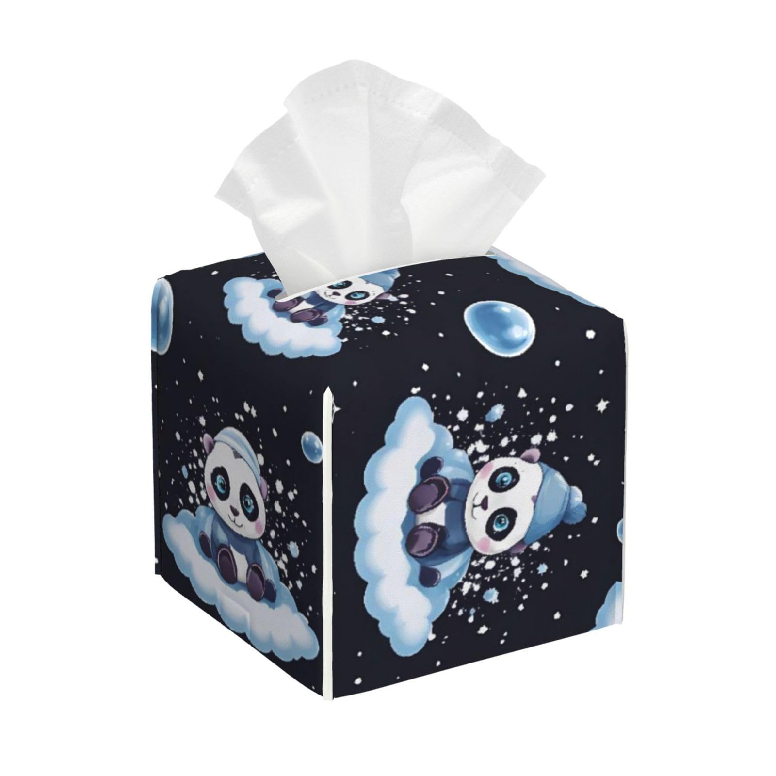Cute Panda Leather Tissue Box Cover Holder Square Facial Paper Organizer 5.2" X 5.2" X 5.2"