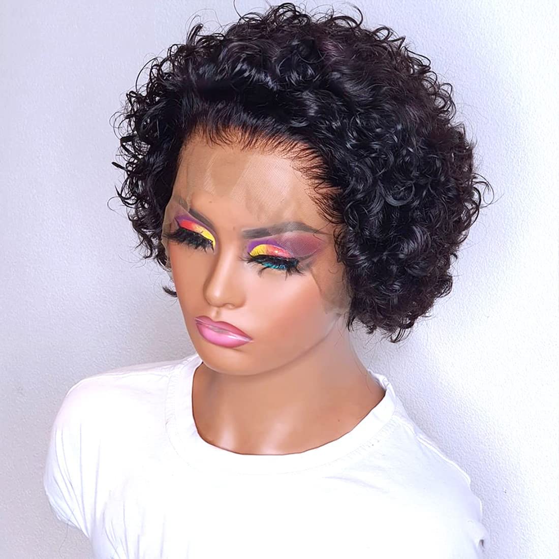 PORSMEER Short Curly Human Hair Wigs for Women,13X4 Lace Front Pixie Cut Wigs Short Afro Curly Bob Wig for Black Women Natural Black - Image 2