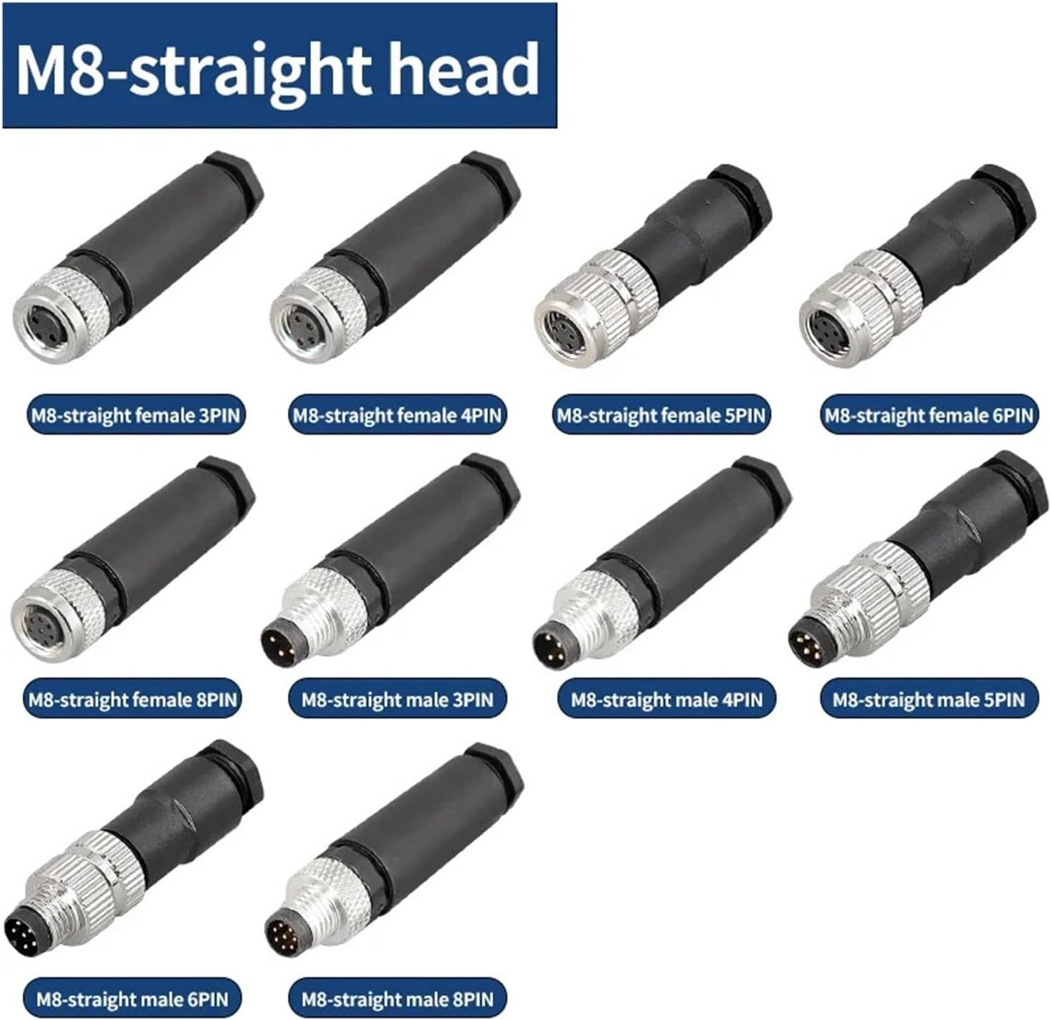 Aviation Connector 5/20/100Pcs M8 Waterproof Connectors 3PIN 4PIN 5PIN 6PIN 8PIN Straight Male Female Aviation Plug Socket for Proximity Switches(M8-Female 3pin,5 PCS)