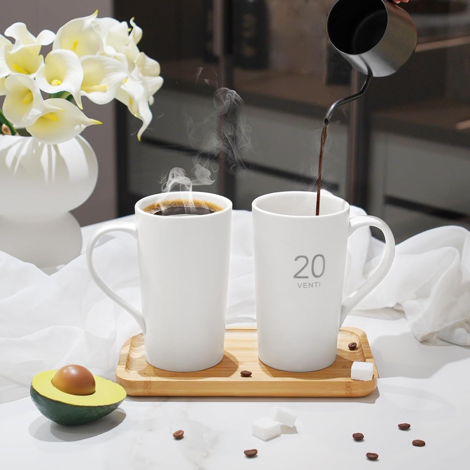 Number Large Coffee Mug Set of 2, Tall White Ceramic Coffee Cup, 20 oz Mug for Coffee, Cocoa, Latte, Milk, Tea - Image 3