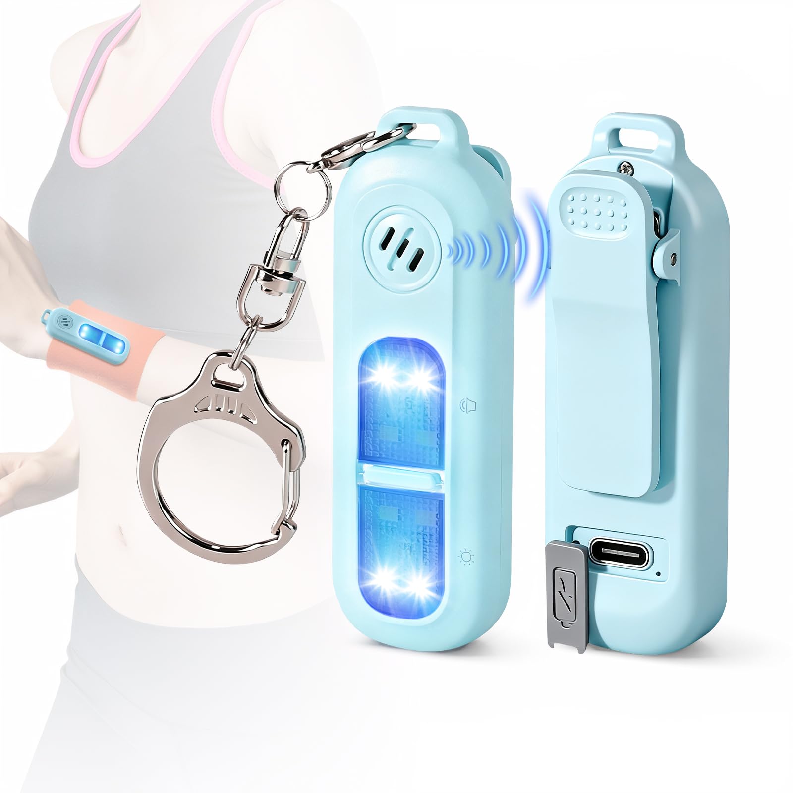 Photo 1 of 130dB Personal Safety Alarm with Strobe Light & LED Emergency Flashlight, Women's SOS Rechargeable Safety Siren, with Carabiner, Clip-On, Bear Deterrent for Kids, Elderly, Night Runners, Blue