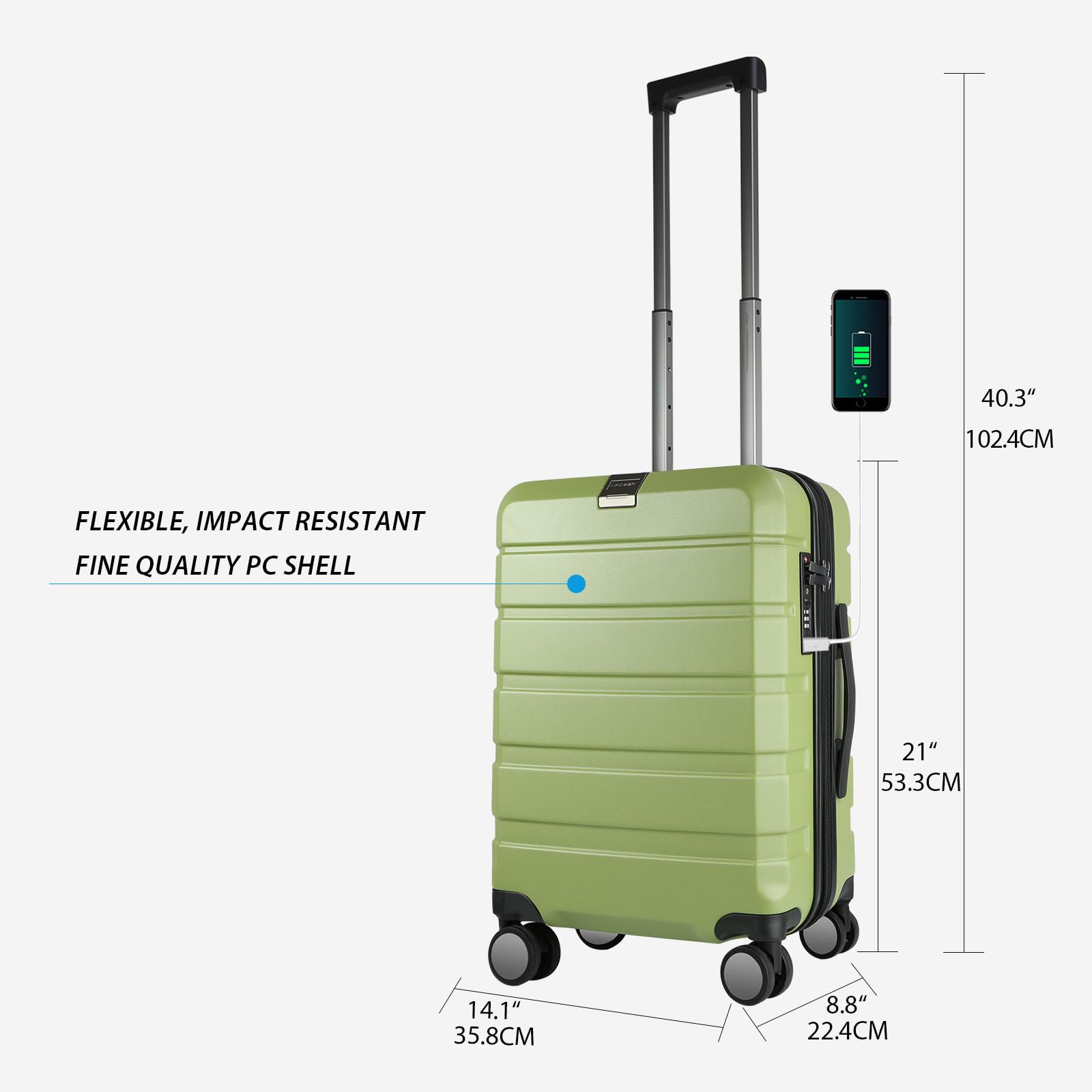 KROSER Hardside - Valigia espandibile con ruote girevoli, Verde, 14.1 x 8.8 x 21 inches, Hardside - Valigia espandibile con ruote girevoli