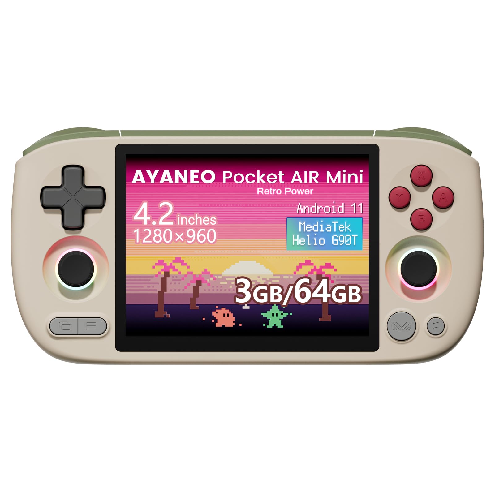 AKNES AYANEO Pocket AIR Mini Consola, 3GB+64GB (Retro Power) | Pantalla HD 4,2" 500 Nits (1280x960 LCD, 60Hz), Sistema Android 11 con Helio G90T, Joystick y Gatillo Hall