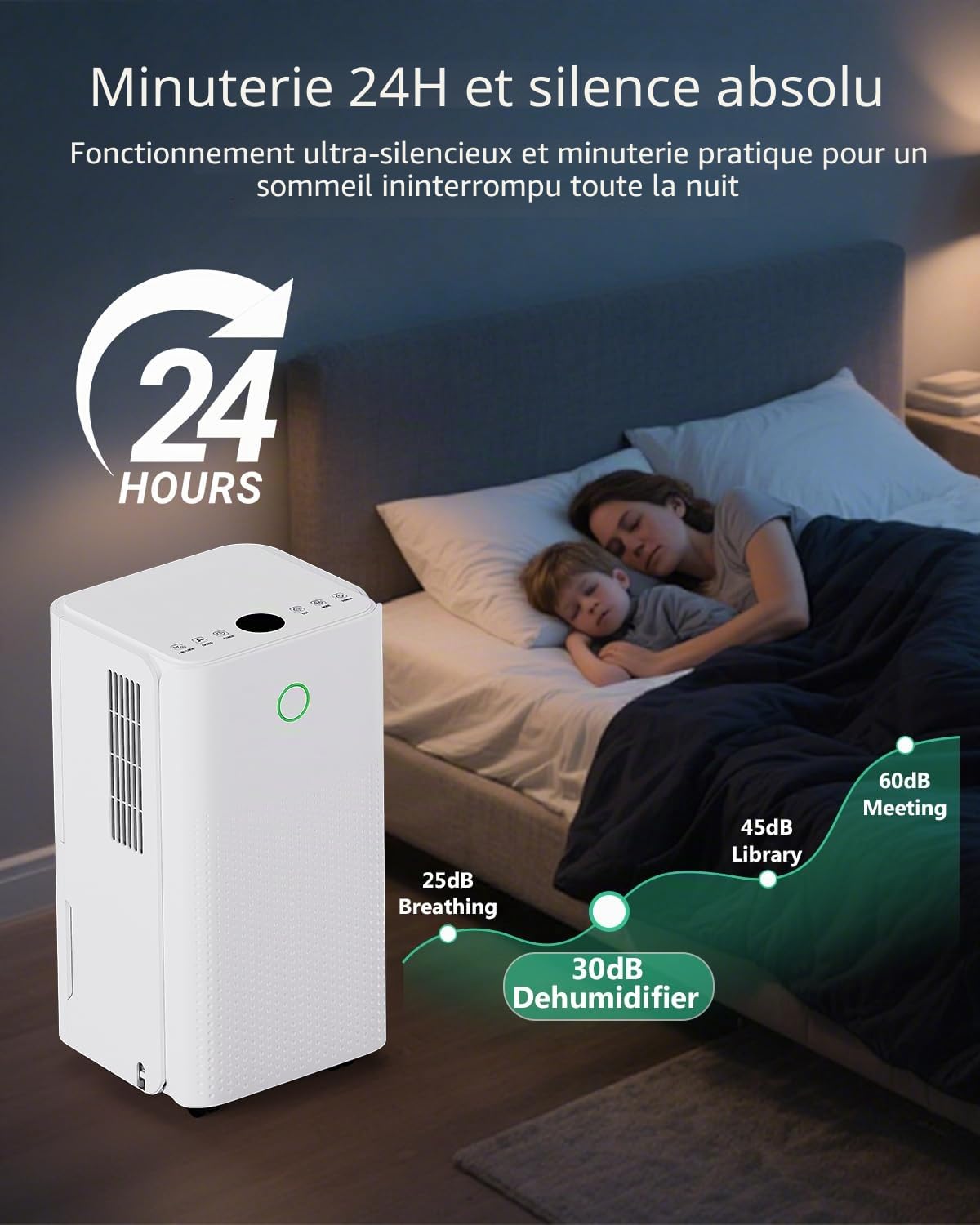 Déshumidificateur Électrique 12L/Jour avec Compresseur, 3 Modes, Silencieux et Basse Consommation, Drainage Continu, Réservoir 2,2 L, Minuterie 24 h, Deshumidificateur d Air pour Maison