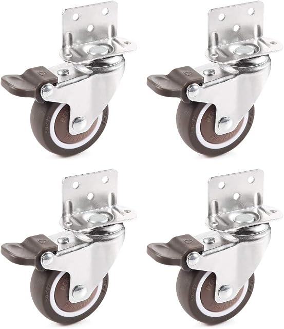 Skelang 4 Pcs 50mm Swivel Castor, Castor Wheel with L Type Bracket, Castor with Brake for Coffee Table, Cabinet, Workbench, Trolley, Load Capacity 27kg