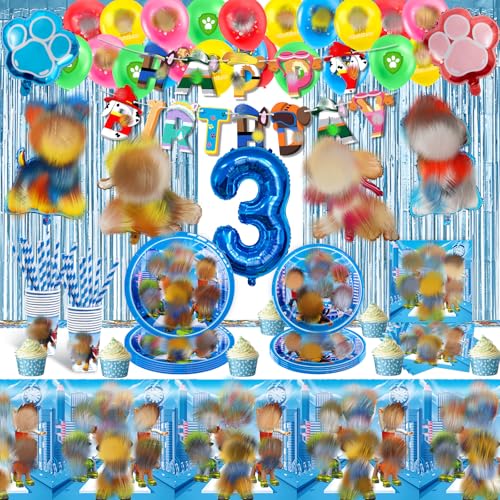 90PCs Dog Supplies Set with Party Balloons Tableware Reusable Birthday Party Paper Plates Cups Napkins Tablecloth Sets for 20 Guests