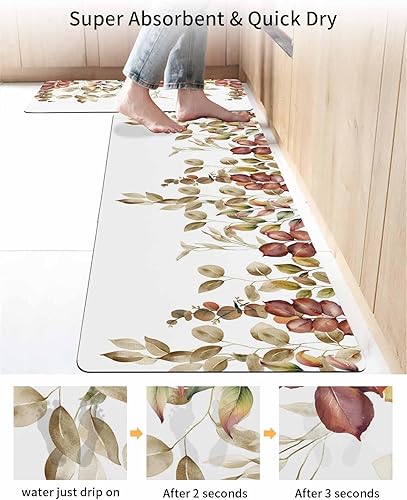 Miniatura 4 de Tapete de baño con hojas de otoño, antideslizante, de secado rápido y absorbente, de tierra de diatomeas, fregadero de cocina, lavable, retro, hojas