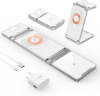 Magnetic Charging Station, Hohosb 3 in 1 Zinc Alloy Foldable Wireless Charging Stand [Compatible with Magsafe Charger] for iPhone 15/14/13/12 Series, AirPods Pro/3/2, Apple Watch / iWatch White