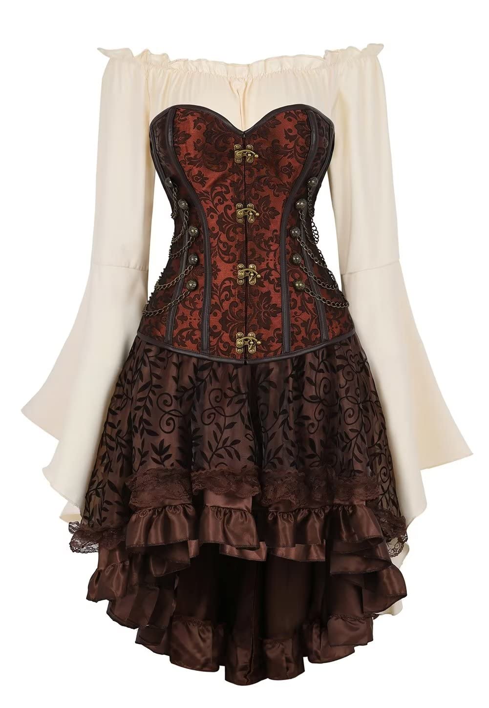 Jutrisujo Korsett Kleid 3 Set Steampunk Corsage Corsagenkleid Bustier Piraten Kostüm Spitzenrock und Bluse für Karneval Halloween Schwarz M