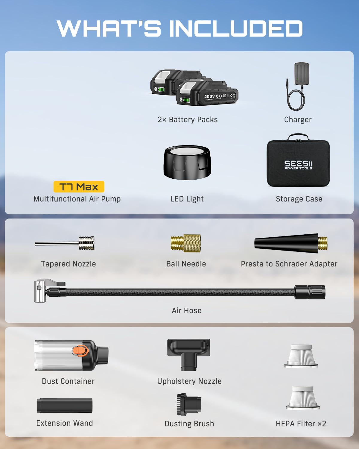 SEESII Compresseur pneus double batterie 150 PSI sans fil LED