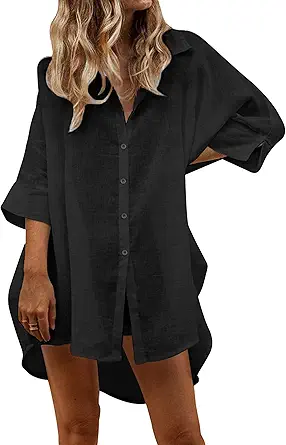 UNibelle Women Cotton Linen Shirts Casual Button Down Tunics Tops Beach Swimsuit Coverups
