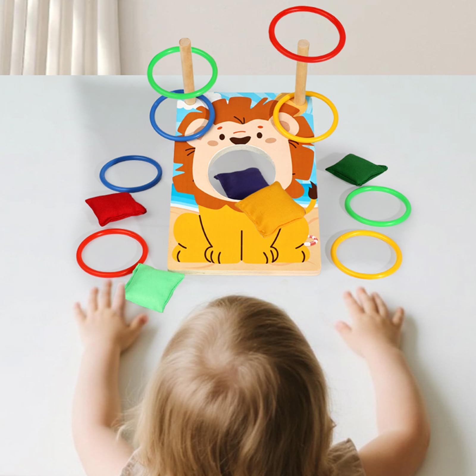 Jeu 2 en 1 Cornhole et Lancer d'anneaux en Bois, Lancer de Sacs, Jeu intérieur extérieur pour Enfants dès 3 Ans, Jouet Montessori pour fêtes familiales et Coordination Main-œil