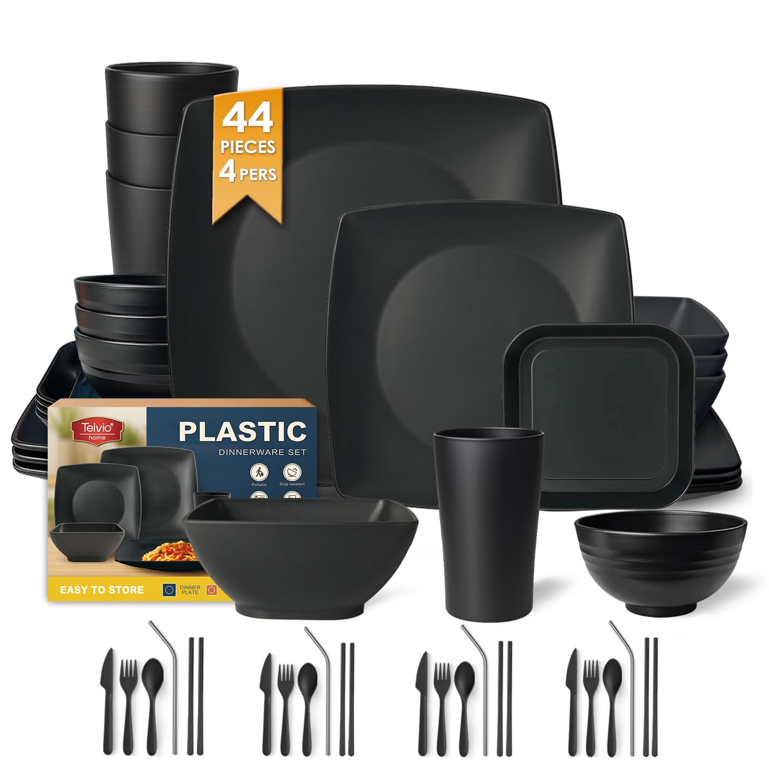 Teivio 44-Piece Kitchen Reusable Plastic Square Dinner Set for 4, Dinner Plate, Dessert/Tidbit Plate, Cereal/Fruit Bowl, Cup, Unbreakable Plastic Plate and Bowl Set, Outdoor Camping Dish, Black