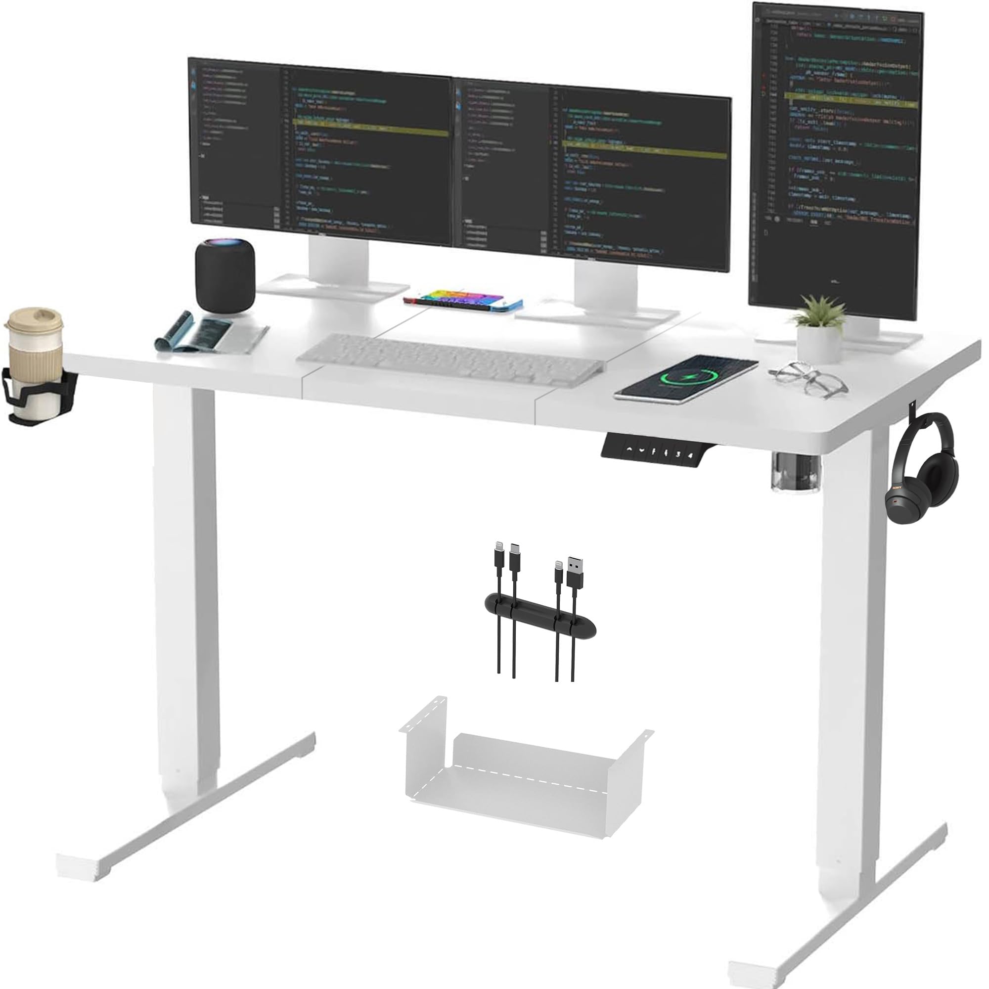 SANODESK QS1+140 * 60 Electric Standing Desk Height Adjustable Standing Desk With Memory Smart Panel Sit Stand Table With Hooks and Cupholder for Home Office (White Frame+ White Desktop) โ image 1
