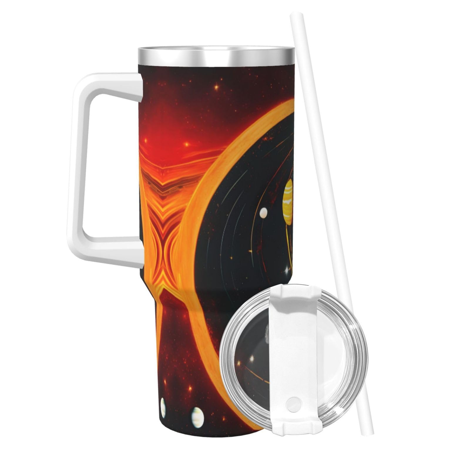 Solar System Jupiter Saturn Wasserflasche aus Edelstahl, doppelwandig, isoliert, mit Griff und Strohhalm-Deckel, 1,2 l