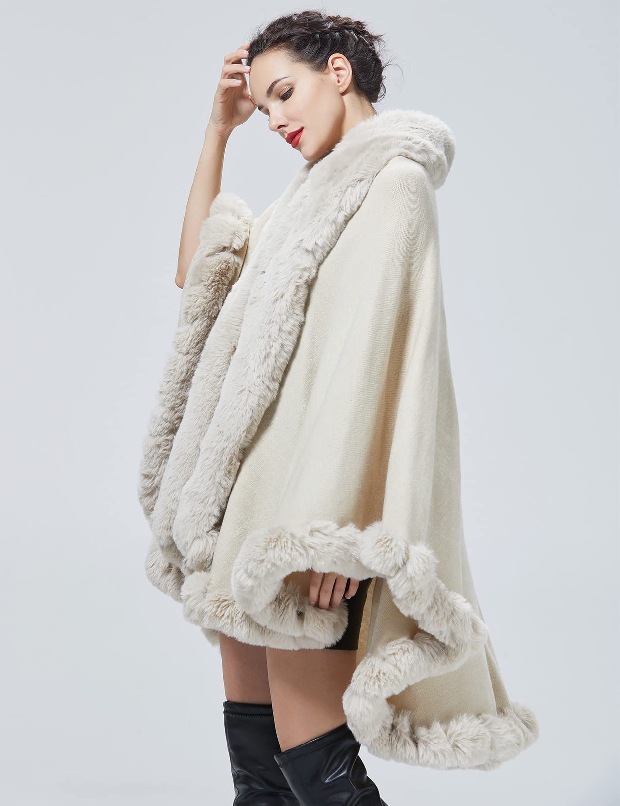 BEAUTELICATE Cape Manteau Femme Tricoté Poncho Cardigan Grande Taille Fausse Fourrure Châle Étole Pour Automne Hiver Mariage Soirée Mariée Noël Fête