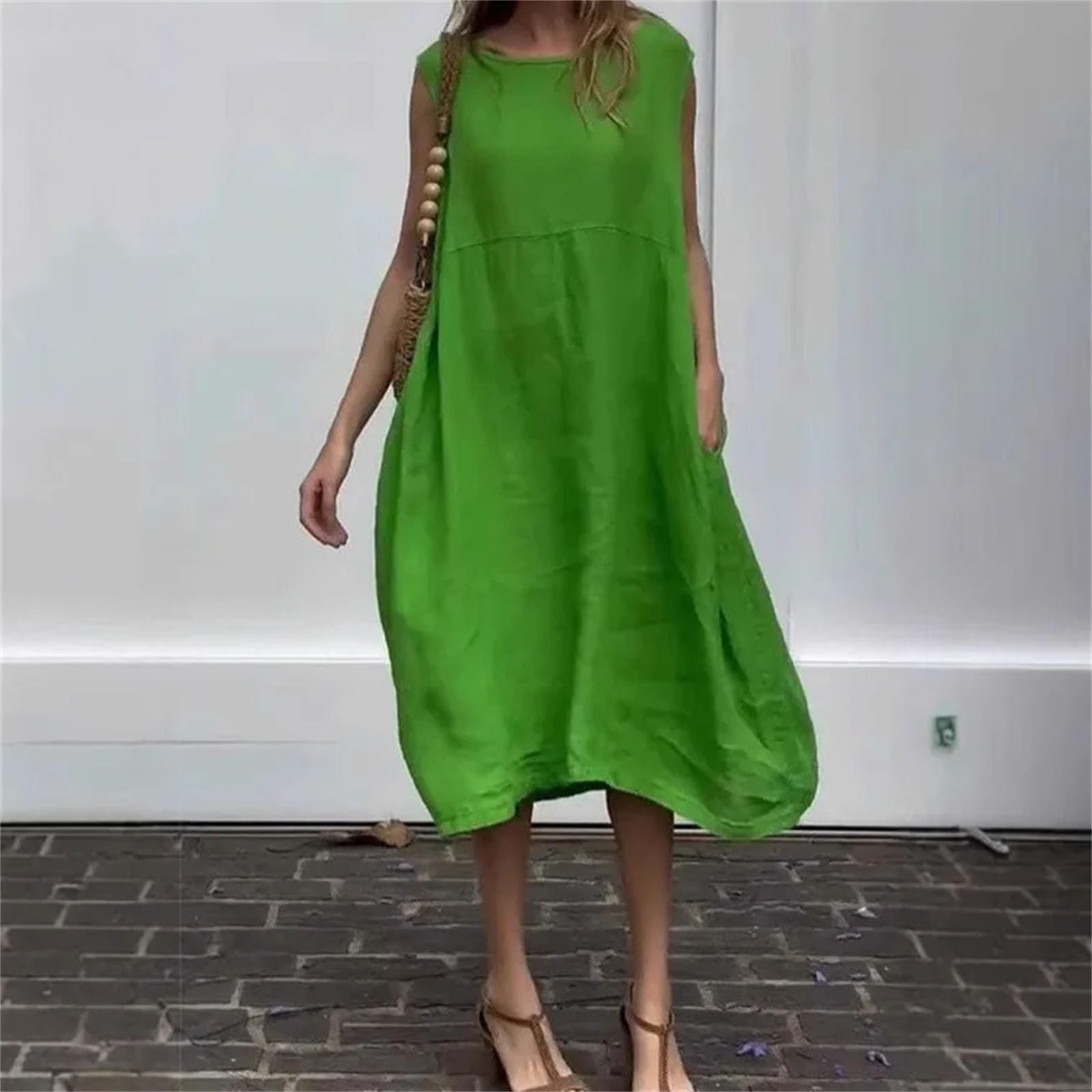 Abito da donna chic minimalista lungo moda tinta unita girocollo senza maniche Boho tasca abito allentato