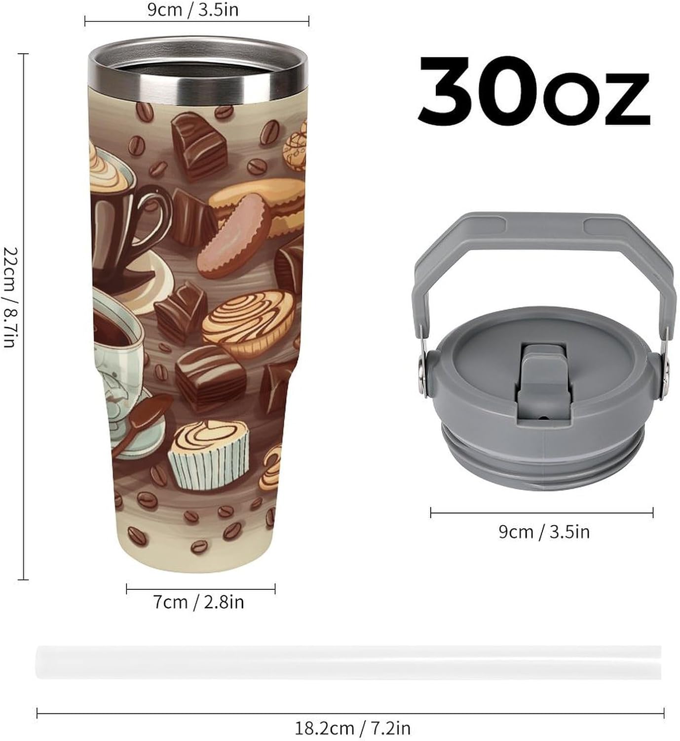 Coffee And Sweets Sugar Chocolate Water Bottle 30 Oz Fits Car Cup Holder,Insulated Coffee Mug Large Capacity Car Cups,Stainless Steel Double Wall Sport Bottle for Travel Sports Gym