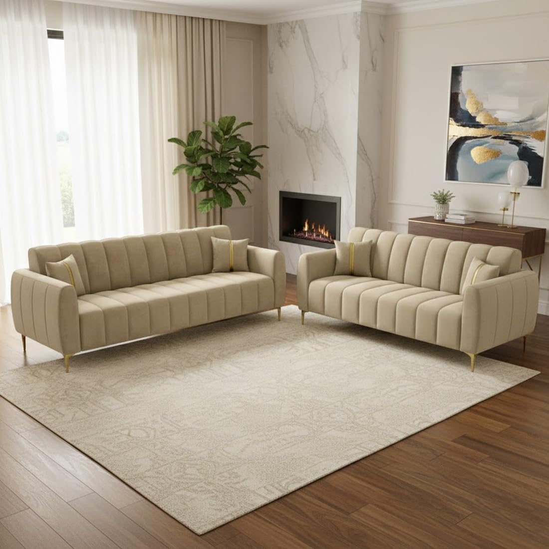 FURNY Harmony 5 Seater Velvet Fabric 3+2 Sofa Set (Beige) with Golden Finish Legs Durable & Comfortable Ideal for Living Room