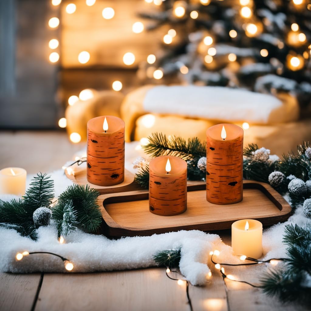 NICEME LED Birch Bark Flameless Candles Set of 3 Real Wax Battery Operated Candles Flickering Teardrop Wick Electric Decorative Pillar Bark Candles with Remote Timer, D3 x H4 5" 6"