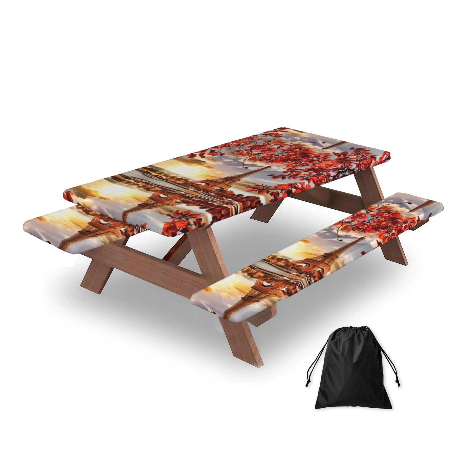 Zqytgfdc Black Paris Eiffel Tower With Autumn Leaves Rectangular Water-Repellent Picnic Tablecloths, Outdoor Camping, Picnic, Bbq