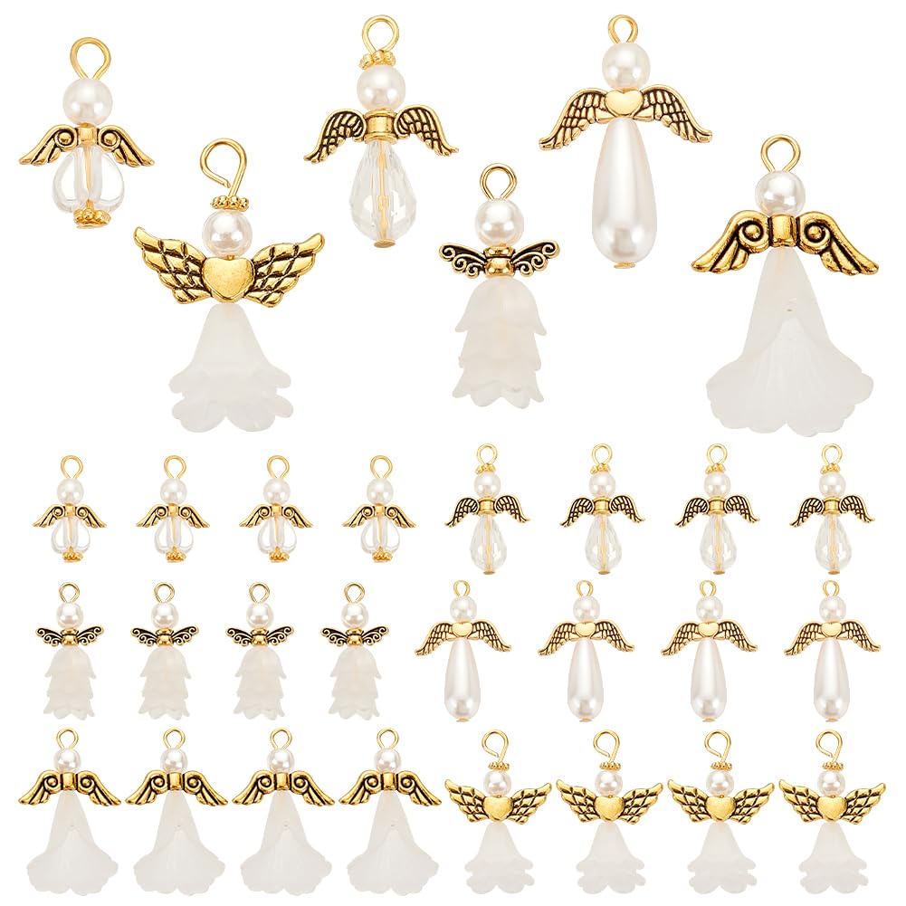 48pcs 6 Styles Angel Wing Charms, White Pear Beads Flower Caps with Antique Golden Wing Beads Angel Fairy Wing Beads Dangle Pendants for DIY Necklace Bracelet Jewelry Keychain Making
