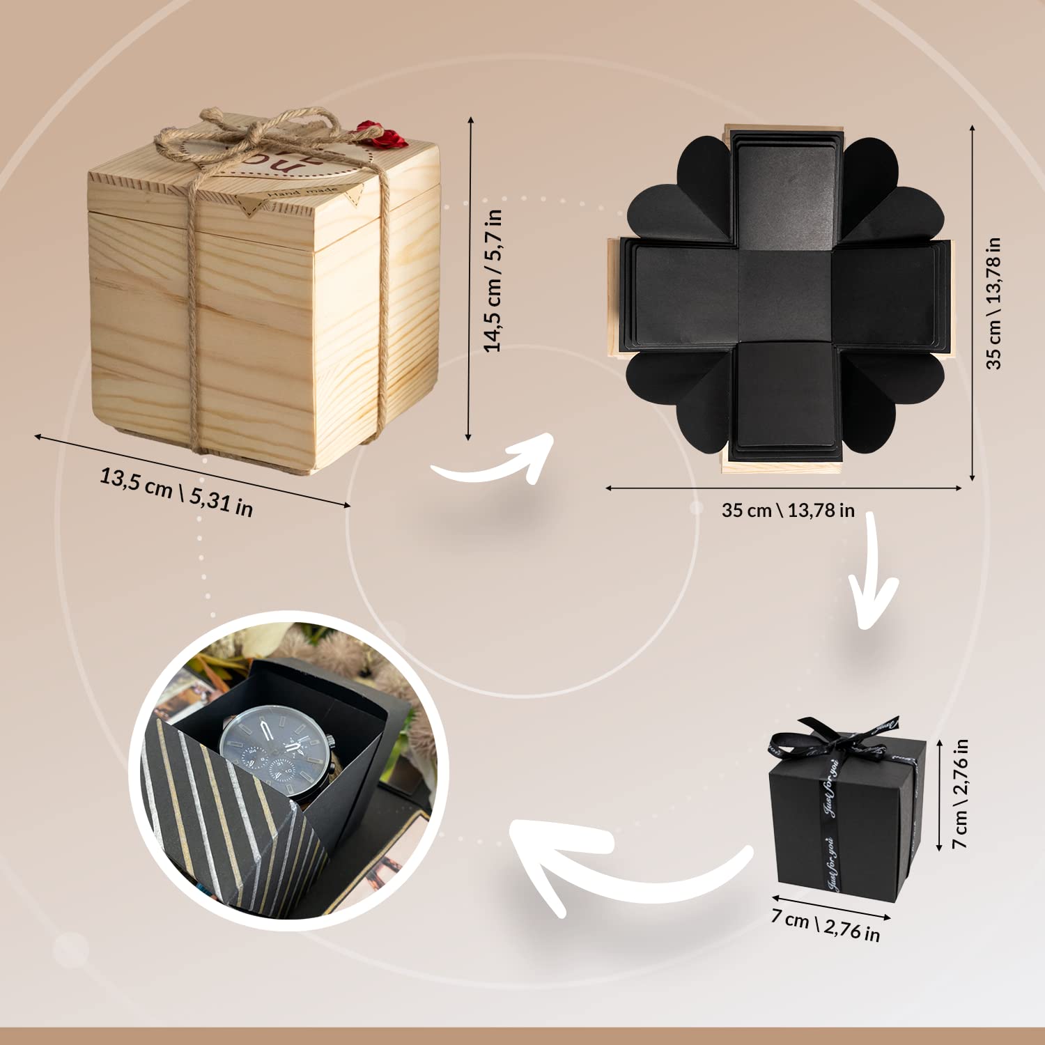 WoodExplosionBox Czarne Explosion Box w Drewnianym Pudełku - Pudełko niespodzianka ze zdjęciami - Pomysł na Prezent - Zaręczyny Rocznica Walentynki Urodziny Dzień Matki - Pudełko wybuchowe DIY