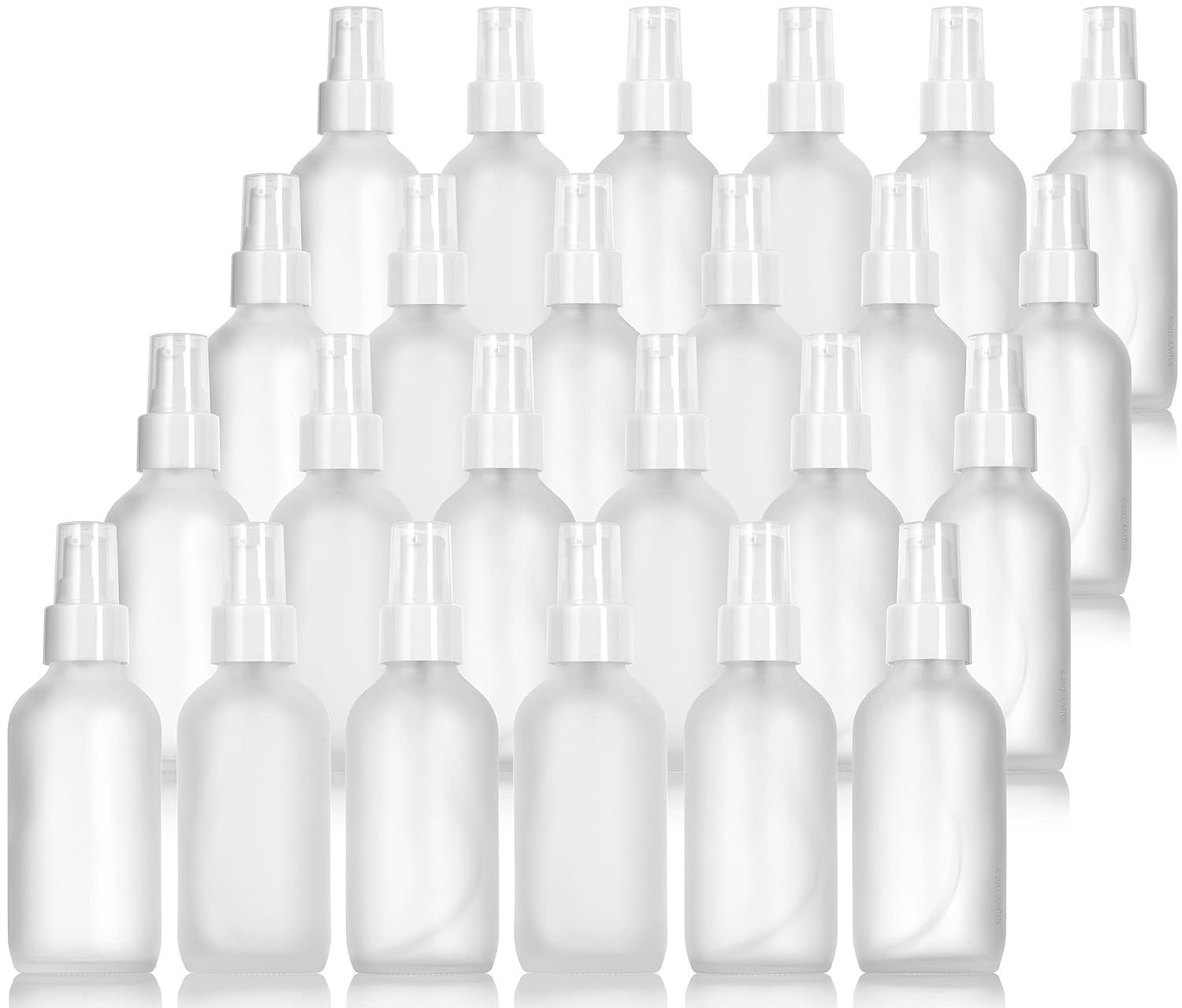 JUVITUS (24 Pack) 4 oz / 120 ml Frosted Clear Glass Boston Round Bottle with White Treatment Pump Refillable Empty Storage Containers
