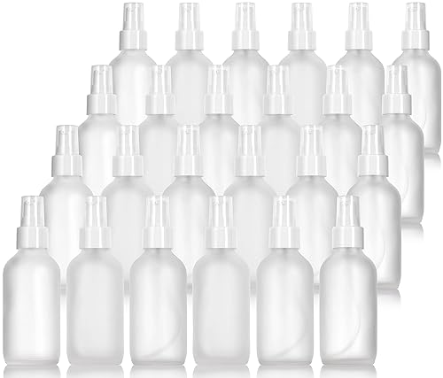 JUVITUS Botella redonda Boston de vidrio transparente esmerilado de 4 onzas 4.1 fl oz con bomba de tratamiento blanca (paquete de 24) contenedores