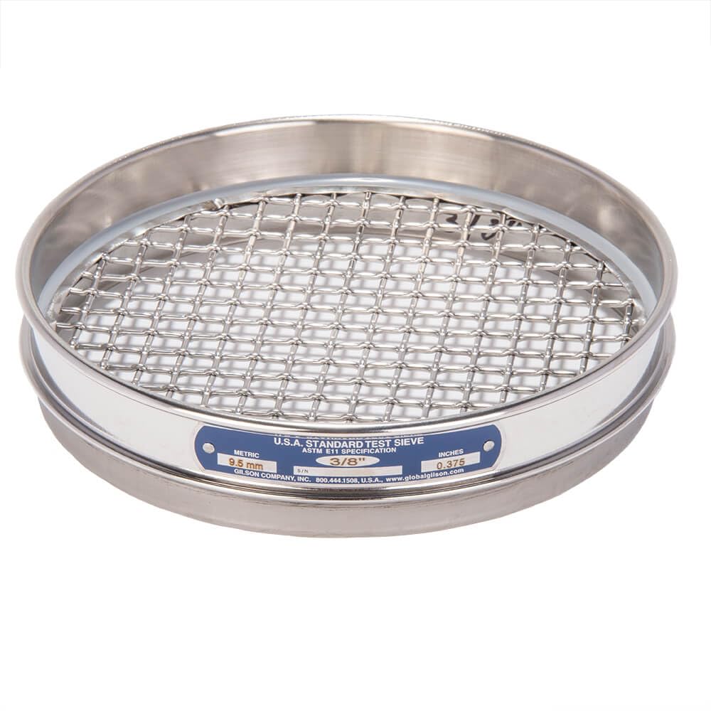 8" Diameter ASTM E11 Test Sieve - Full Height Stainless Steel, 3/8" (9.5mm) Openings