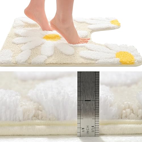 Miniatura 2 de QJHOMO Alfombras de inodoro en forma de U, tapete de baño beige con bonito contorno de margaritas, grueso y suave, lavable a máquina, tapetes de