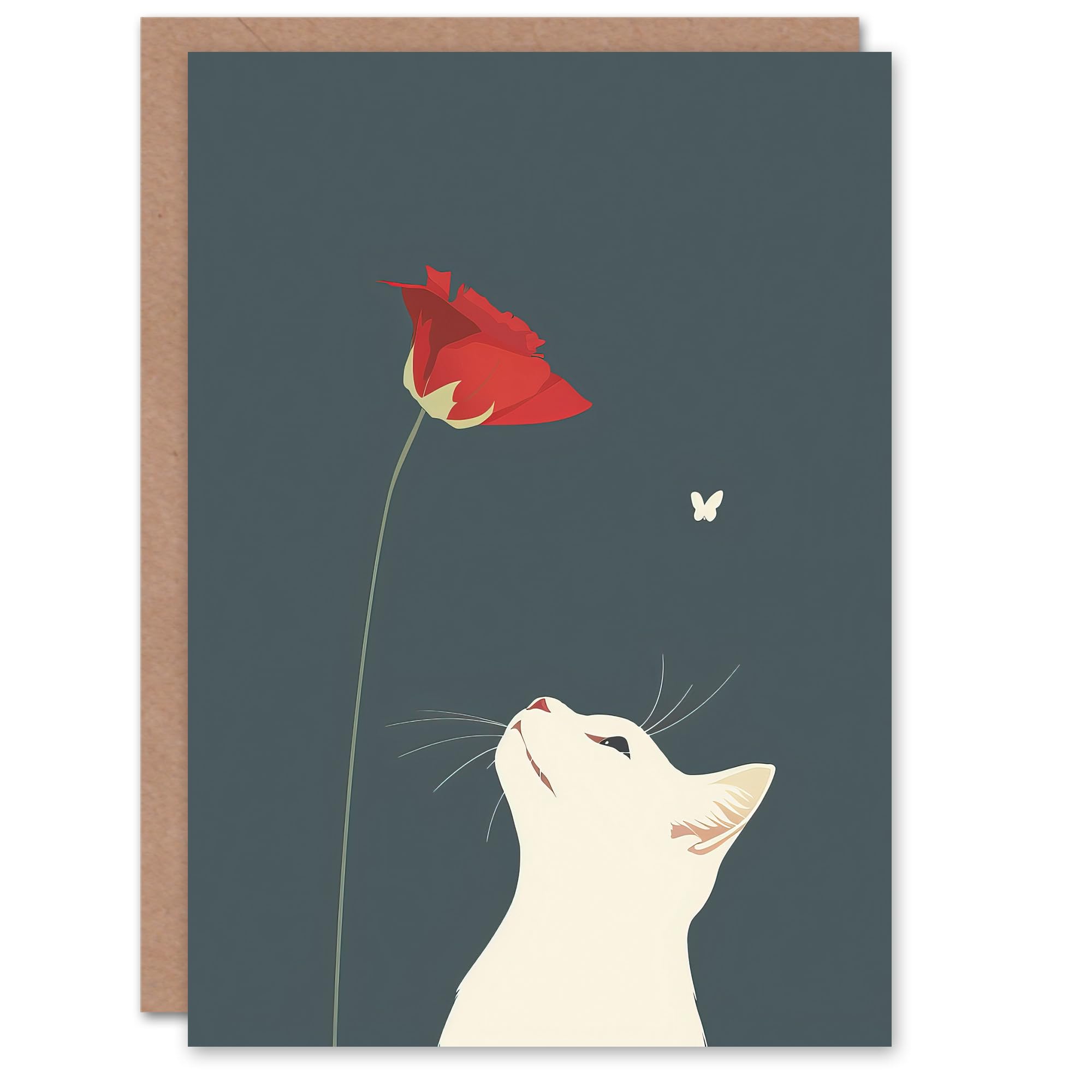 Artery8 Greeting Card White Cat with Rose Butterfly Artwork Simple Cute Blank For All Him Or Her Art Birthday Card