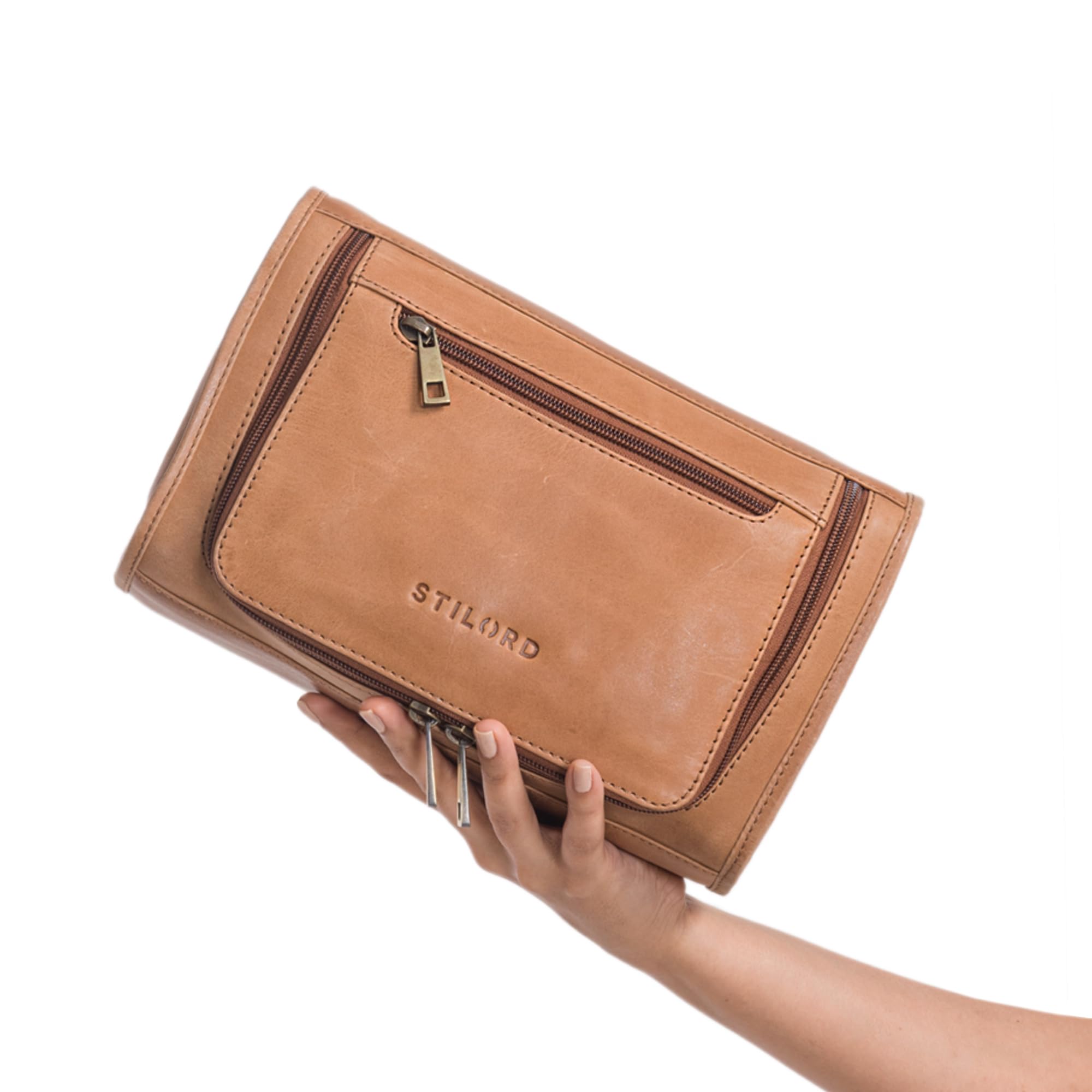 STILORD Juri Neceser de Viaje Cuero Grande para Mujer y Hombre Unisex Bolsa de Aseo para Vacaciones Estuche de Maquillaje de Piel Auténtica Color:taranto - marrón
