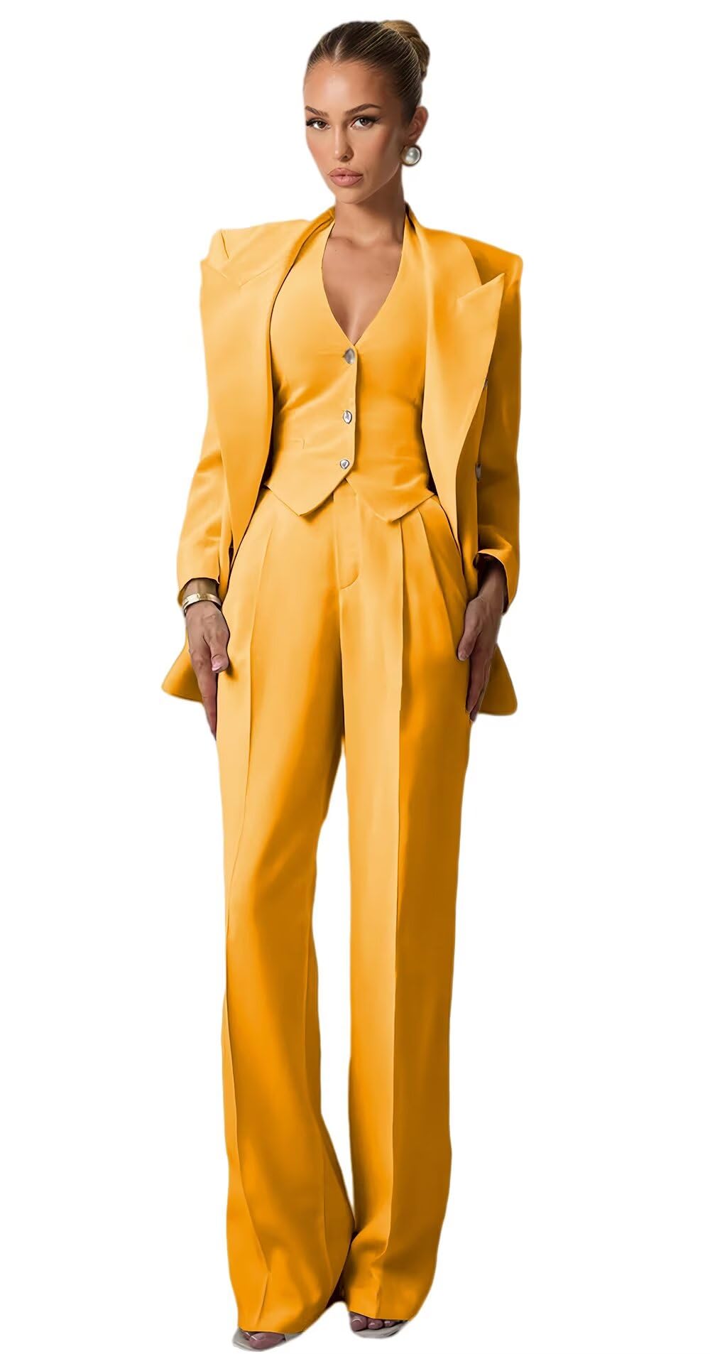 Gold Suits for Women 3 Piece 6 Button V Neck Womens Suit Big and Tall Wedding Casual Wide