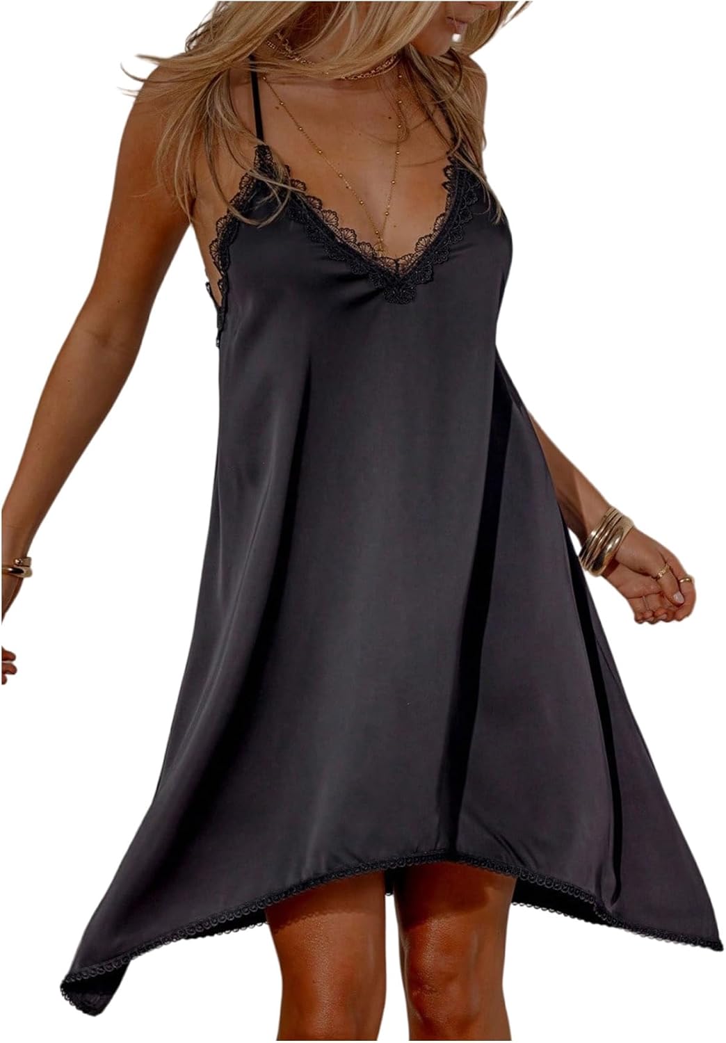 Verdusa Women's Lace Satin Cami Dress Rave Asymmetrical Flowy Dresses Party Outfits