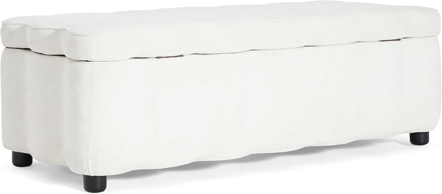 Christopher Knight Home Pean Living Room Ottoman with Storage, Fabric Upholstered Storage Ottoman Bench, Sofa Foot Stool with Wood Frame, Bedroom End of Bed Bench, Chic Scalloped Design, White