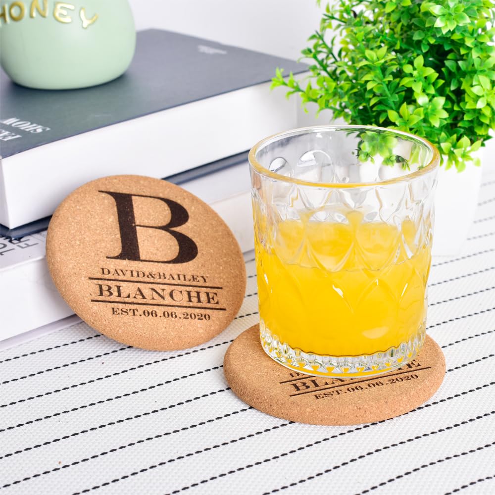 Personalized Cork Coasters for Drinks, Custom Engraved Absorbent Heat & Water Resistant Coasters for Cups and Mugs (B)