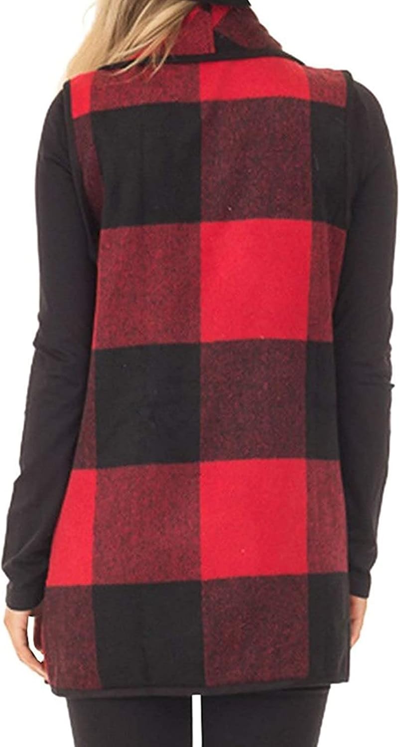 Women Sleeveless Cardigan Coat Lapel Open Front Plaid Vest Women Coat with Pockets - Image 8